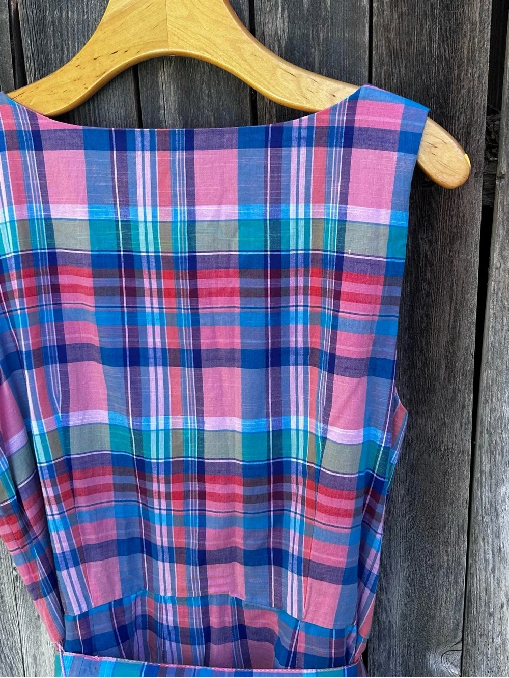 Talbots Madras Plaid Button Front Shirtdress Belted Cotton Pink Blue 12 - Picture 13 of 16